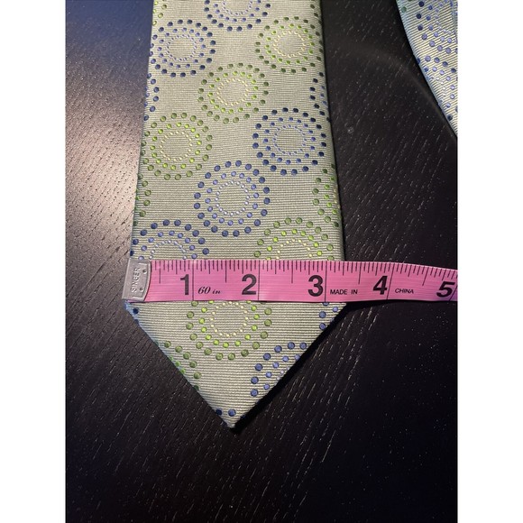HAINES & BONNER LONDON LUXURY  TIE HAND MADE 100% SILK Green Blue Circles - Picture 4 of 4